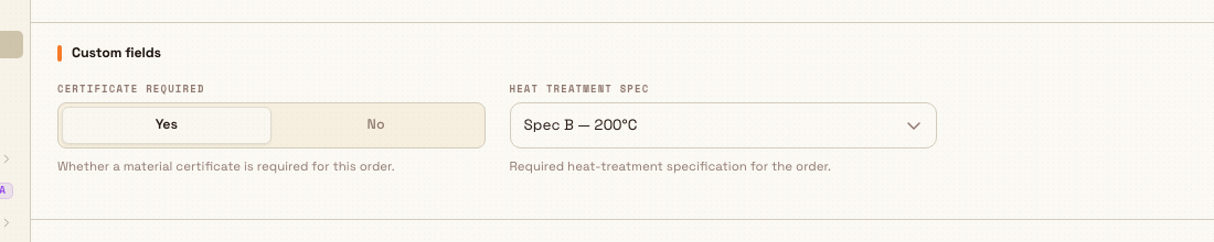 The Custom fields card on an inbound document showing customer-specific fields such as a heat-treatment dropdown and a certificate toggle.
