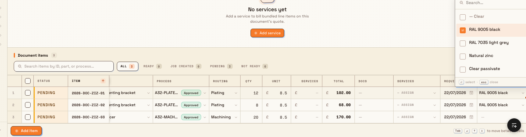 An inbound items sheet with a custom-field column, one cell open for editing and another row showing a dash because the field does not apply.
