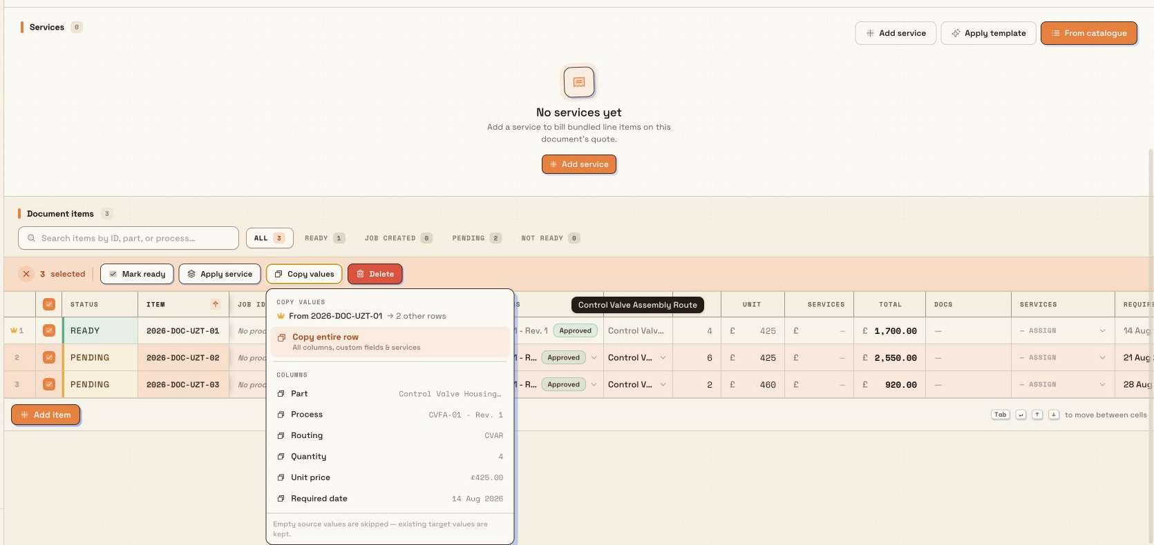 Three selected inbound rows with the bulk-action bar and Copy values menu open.