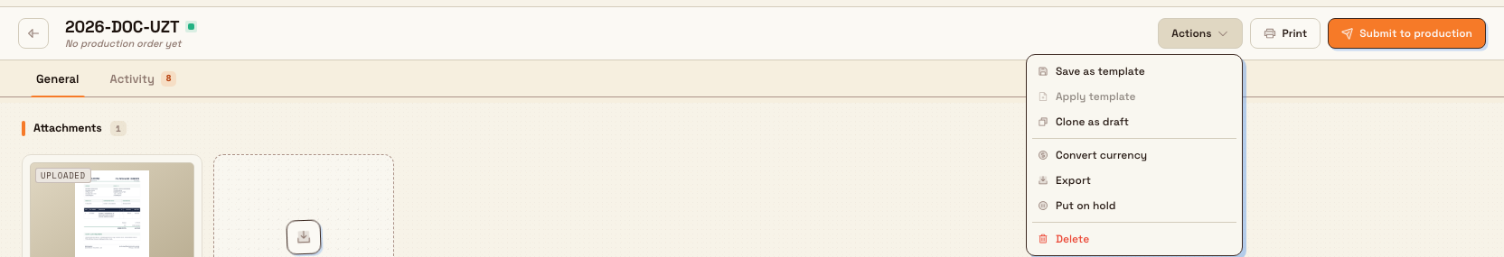 Inbound document top bar with the Actions menu open beside Print and Submit to production.