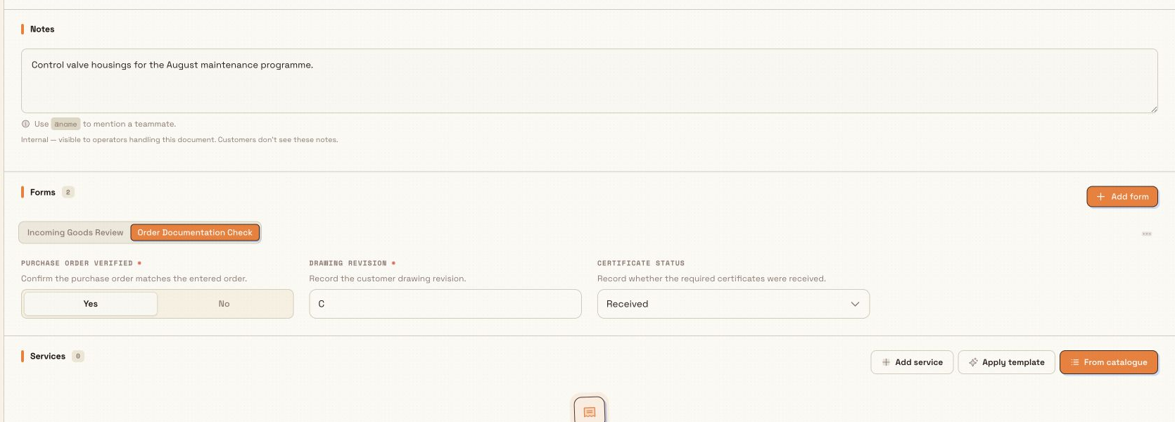 Two attached inbound forms with a completed order documentation check open inline.