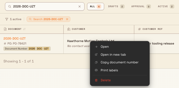 One inbound document search result with its row context menu open.