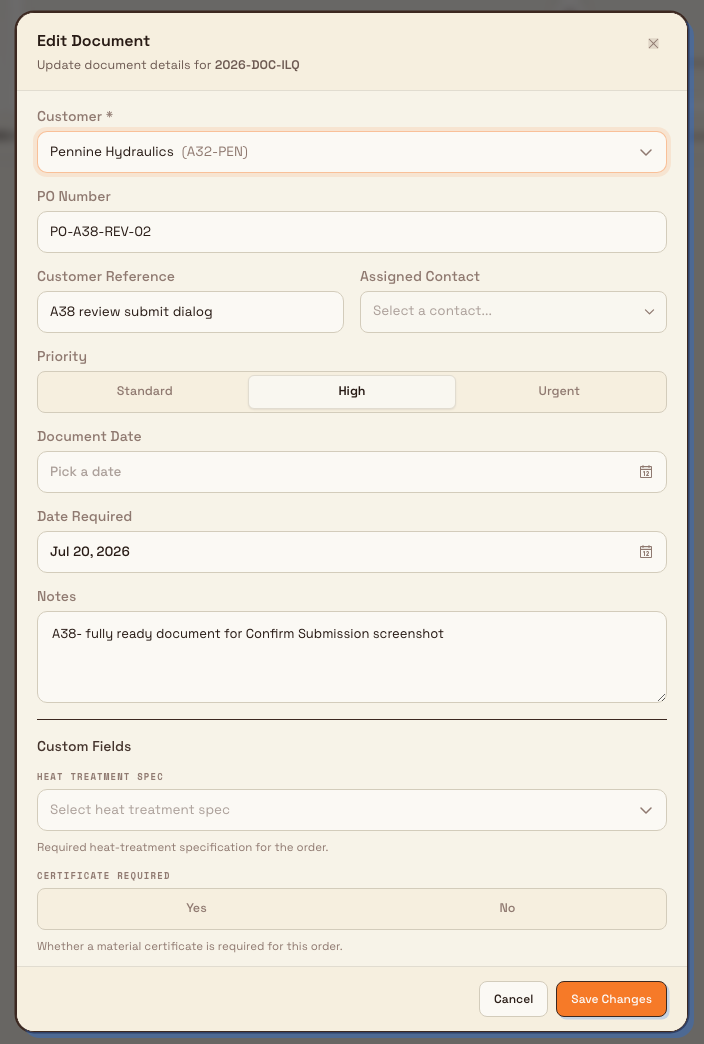 Edit Document dialog listing customer, PO number, reference, contact, priority, dates, and notes fields with a Save Changes button.