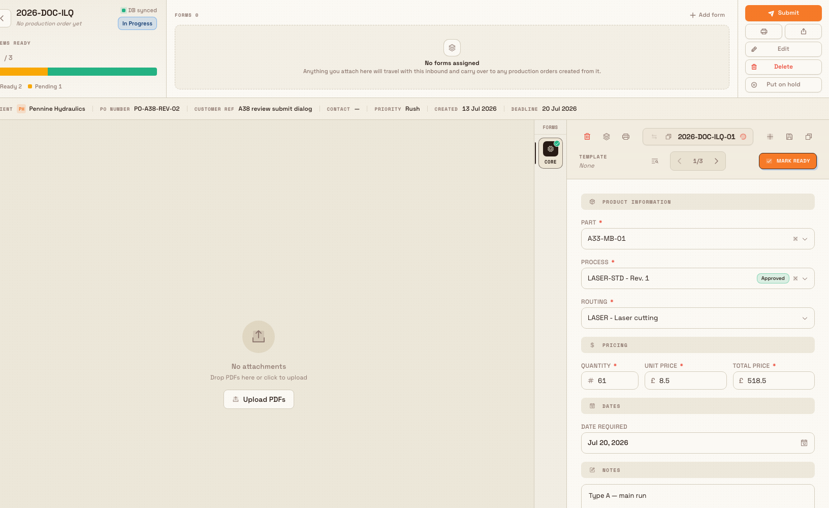 Inbound line-item editor showing part, process, routing, quantity, and unit price fields with a DB synced indicator in the header.