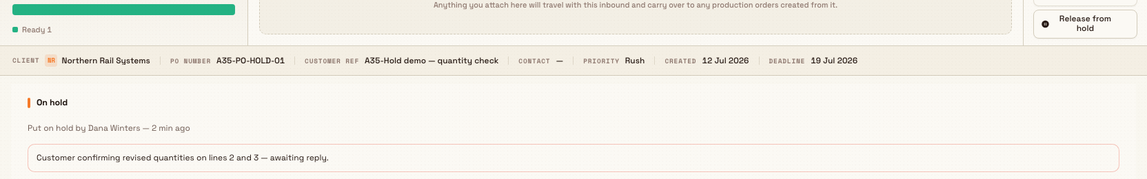 An On hold banner on an inbound document showing the reason and a Release from hold button.