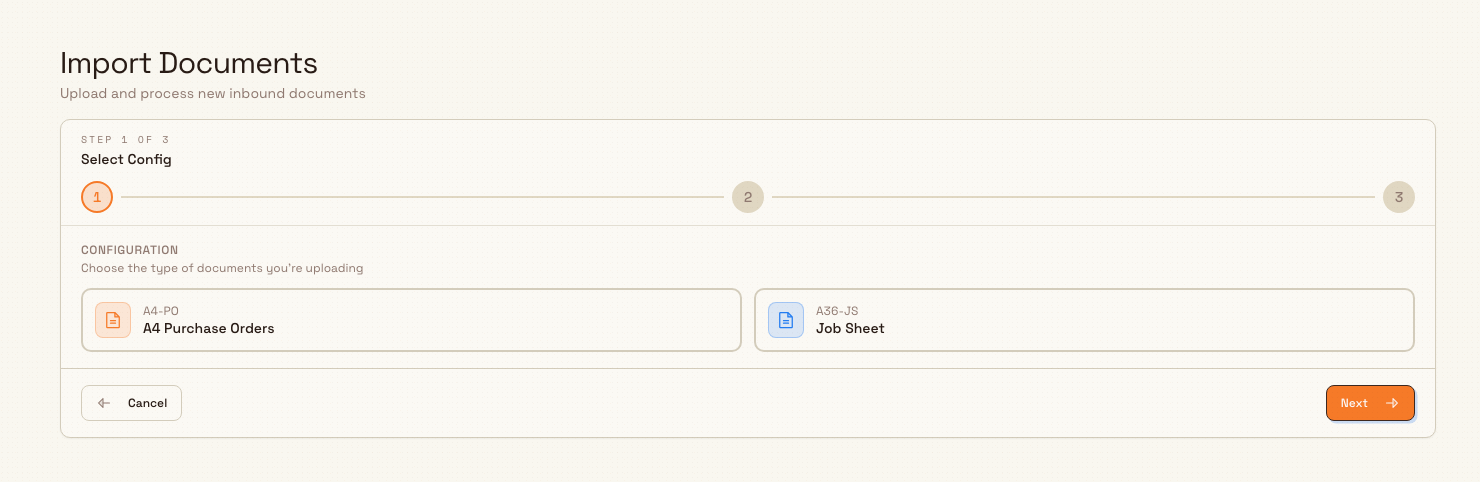 The Import Documents wizard on Step 1, showing inbound configuration cards to choose from and the Next button.