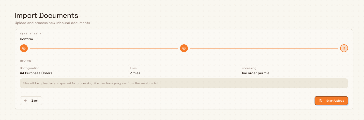 The Review step summarising the chosen configuration, file count, and one-order-per-file processing, with the Start Upload button.