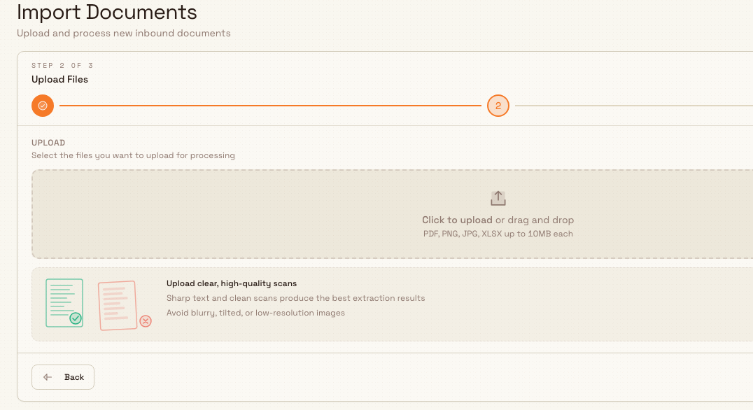 The Import Documents upload page with an empty file drop zone and guidance to upload clear, high-quality scans.