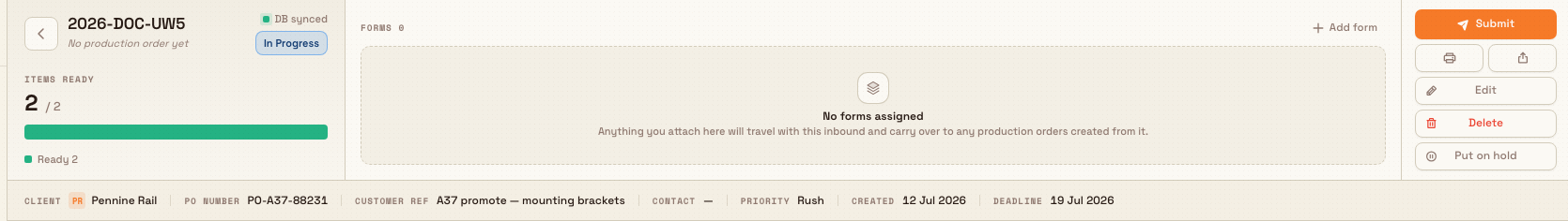 An in-progress inbound document with all items marked ready and the Submit button enabled in the header.