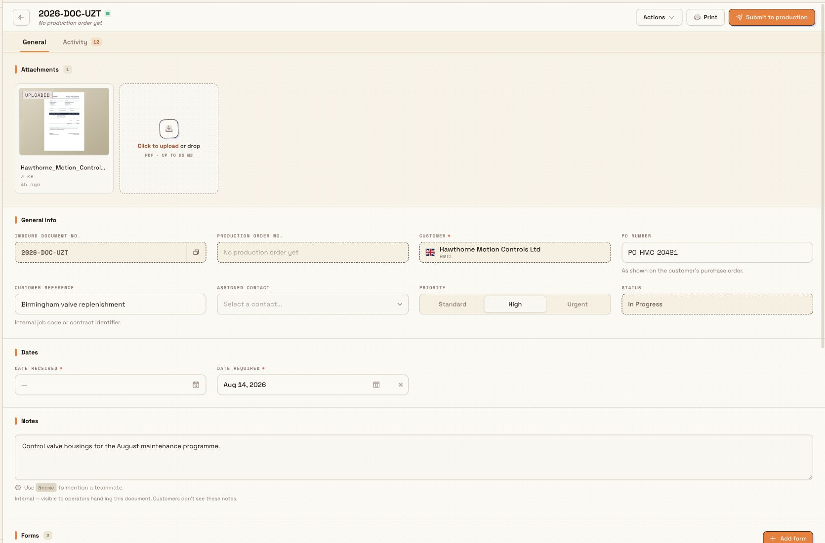 A current inbound document review page with an attached purchase order and completed order details.