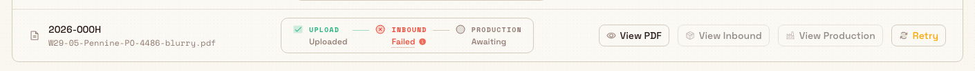 A file row showing a failed Inbound stage badge and a Retry button, with the Upload stage marked Uploaded.