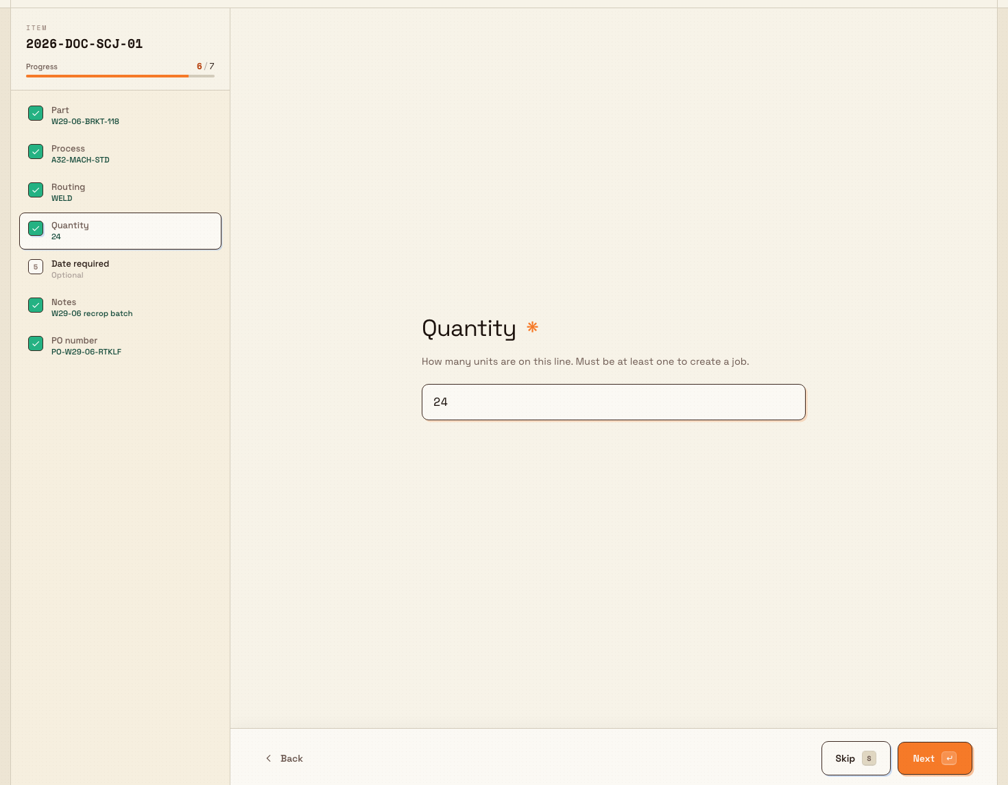 The Scan and Process question view showing a progress rail on the left and the Quantity question with navigation buttons on the right.
