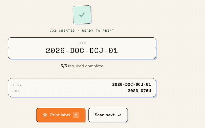 The Scan and Process completion screen showing a created job number with Print label and Scan next buttons.