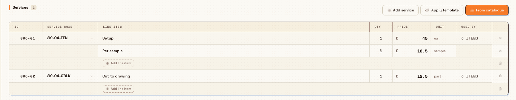 The Services panel of an inbound document showing two billable services with their billing lines and the Add service, Apply template, and From catalogue actions.