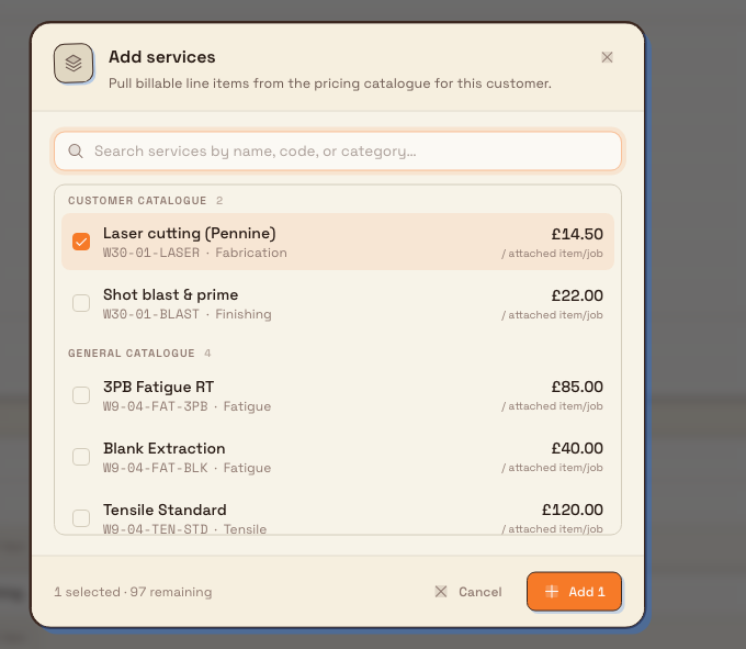 The Add services dialog listing billable catalogue services grouped by Customer catalogue and General catalogue, with one service selected to attach to the document.