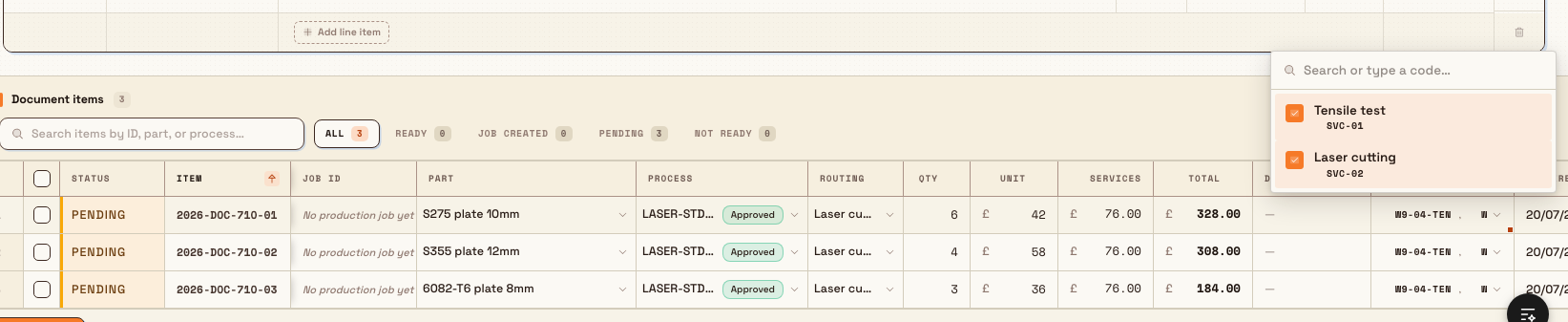 An inbound document line item with its Services assignment popover open, listing the document's services with checkboxes to attach them to the item.