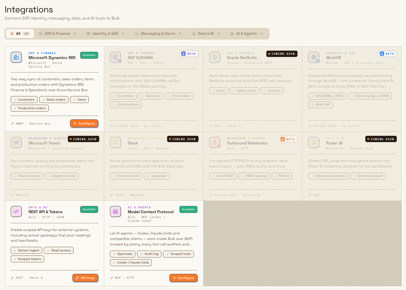 The Integrations settings page showing a grid of connector cards with Available, Beta, and Coming soon status labels.