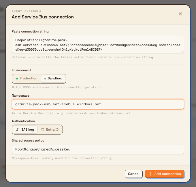 Add Service Bus connection dialog with sandbox environment and SAS authentication fields.