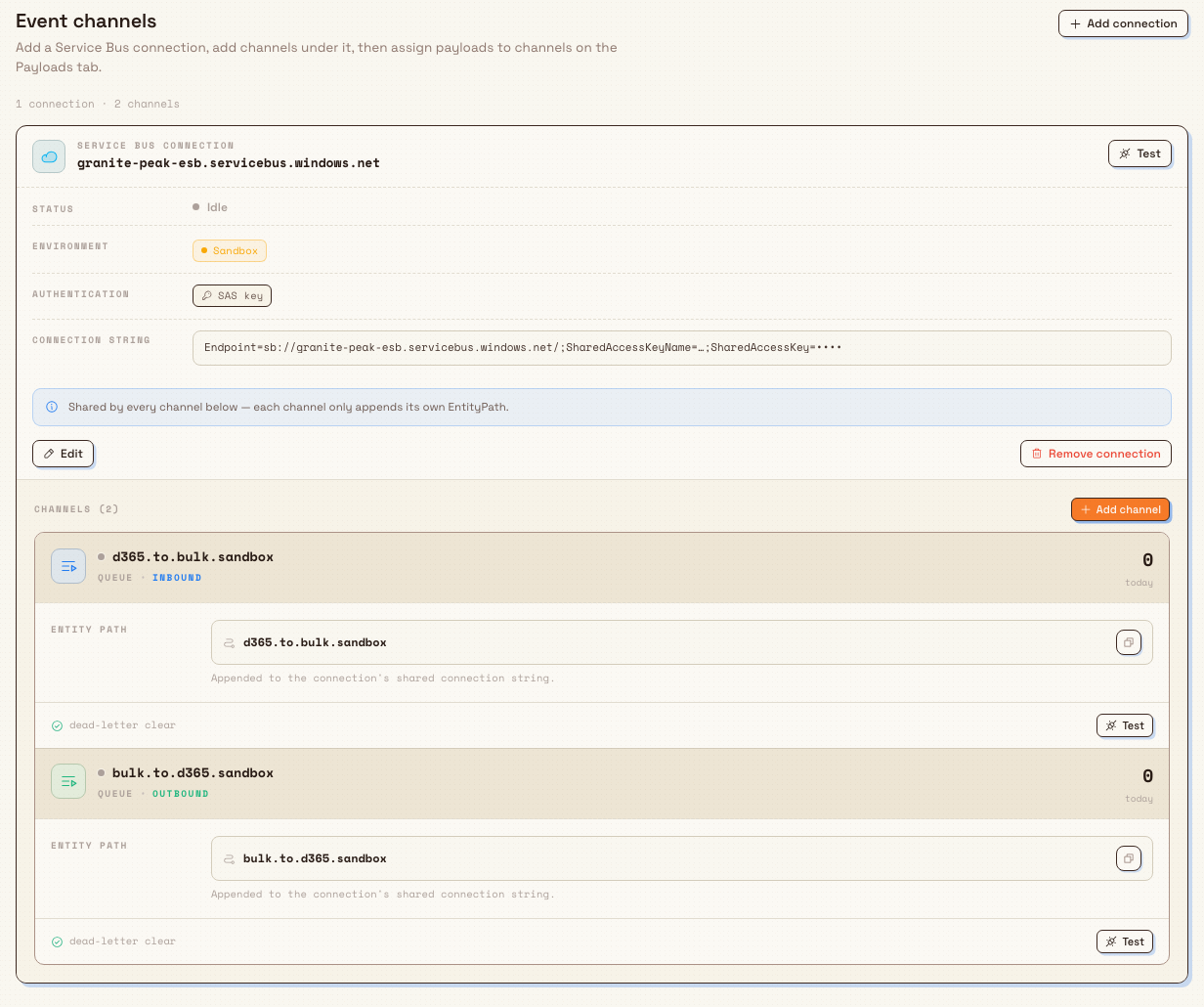 Event channels tab with a Service Bus connection and inbound and outbound channels.