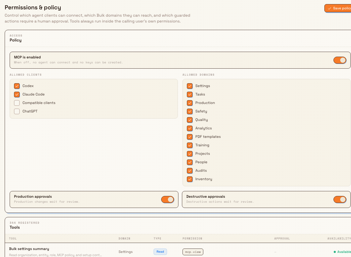 The MCP Permissions and policy page with enable switch, allowed clients and domains, approval toggles, and Save policy.