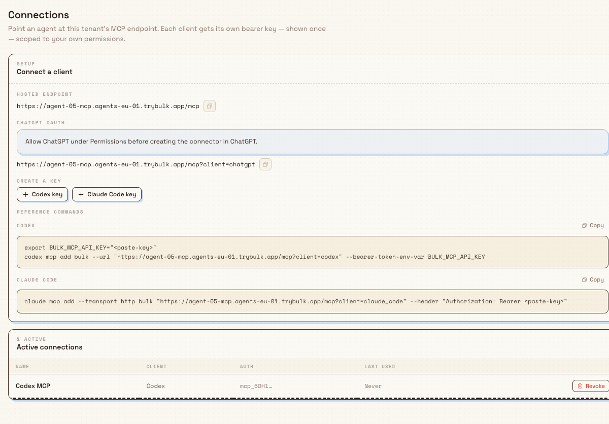 The MCP Connections page with hosted endpoint, key creation buttons, and a table of active connections.