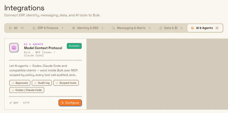 The Integrations page showing the Model Context Protocol card with Available status and a Configure button.