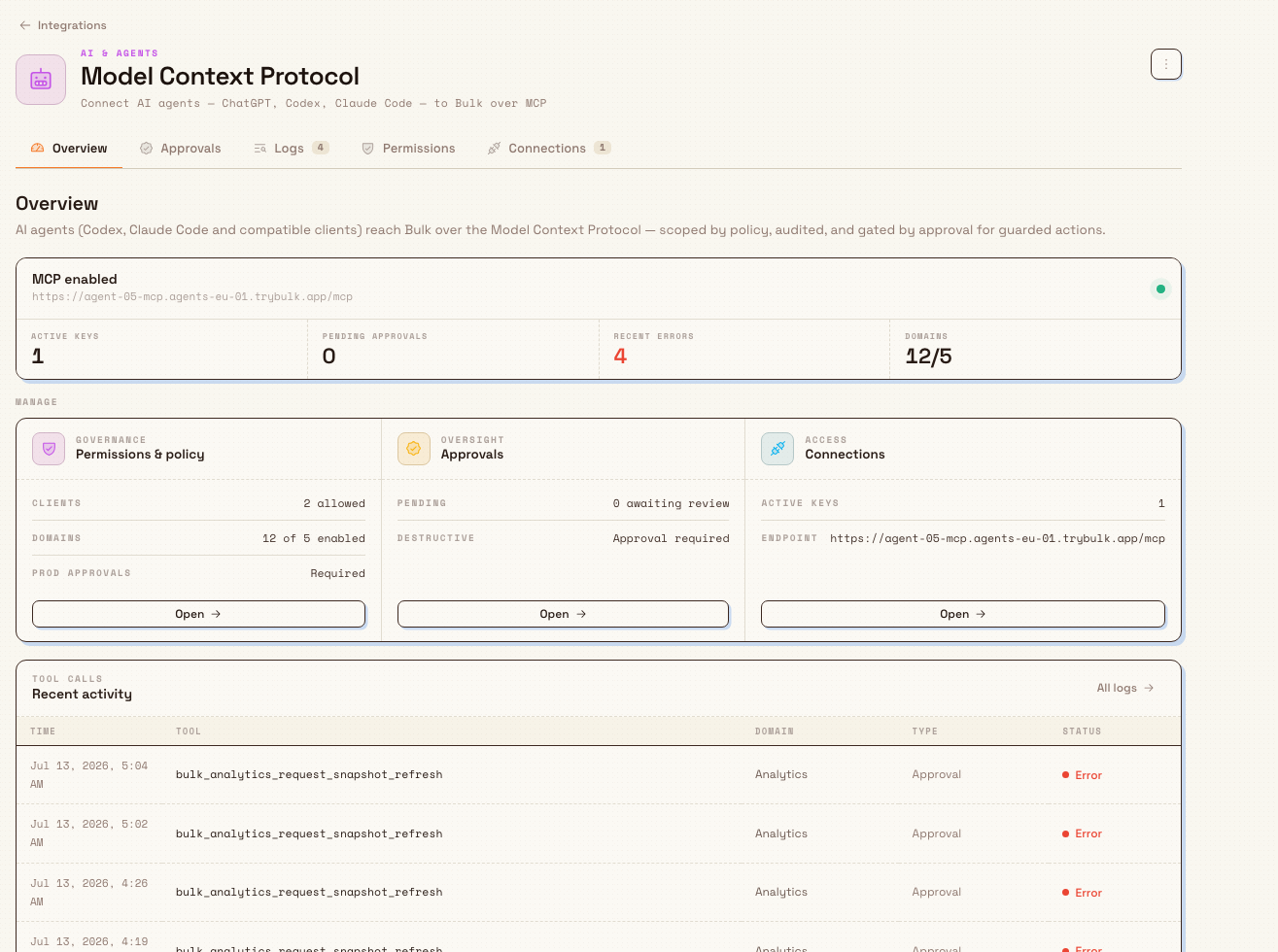 The Model Context Protocol console Overview tab with status, stats, manage cards, and recent activity.