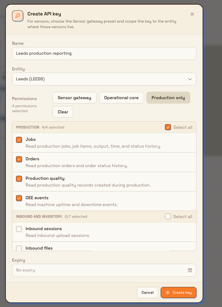 Create API key dialog with name, entity scope, permission presets, and optional expiry.