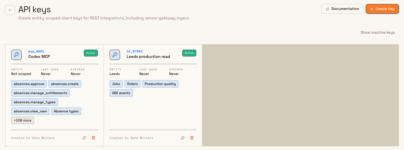 The API keys settings page listing an active entity-scoped key with permissions and rotate and revoke actions.