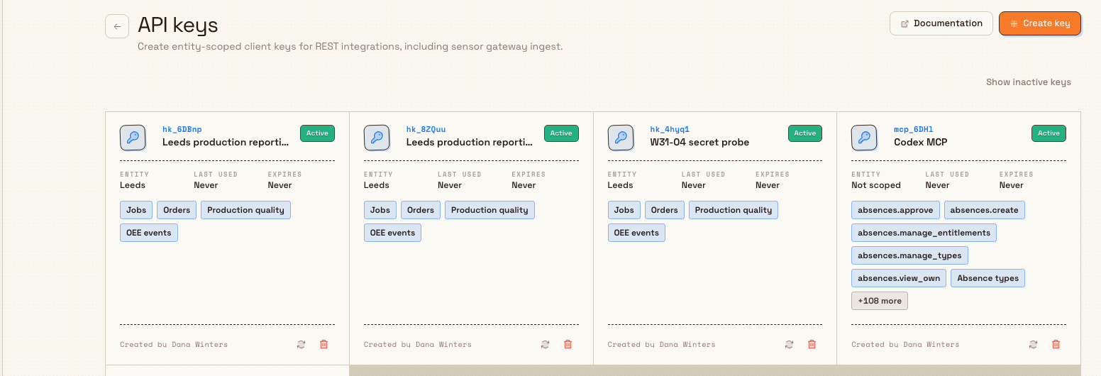 API keys page with an active key card showing name, prefix, site scope, and revoke action.