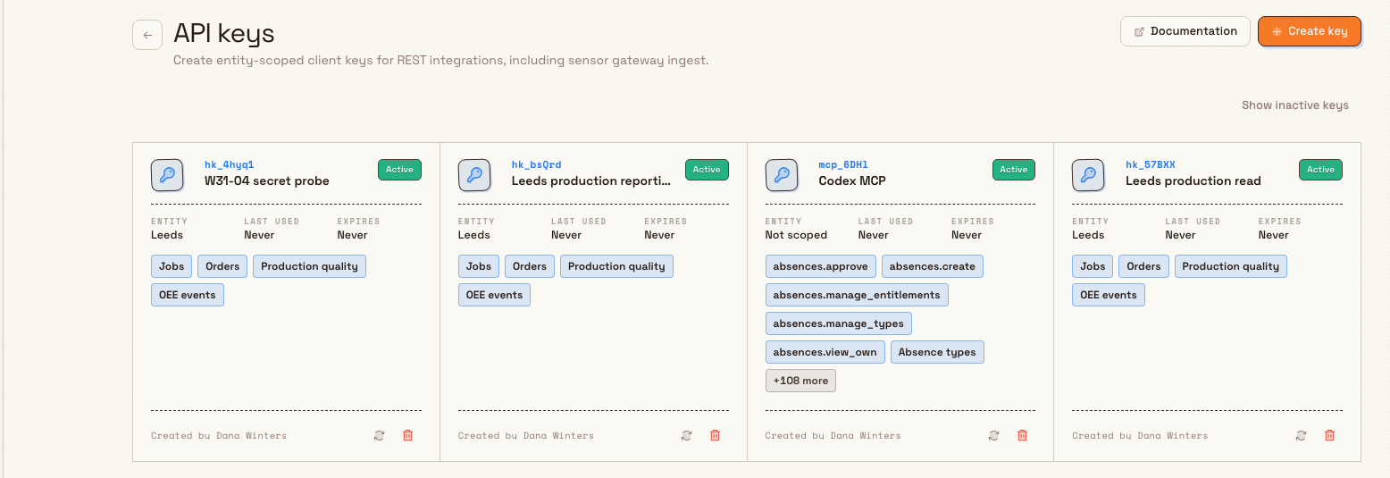 API keys page with an active key card and rotate control enabled.