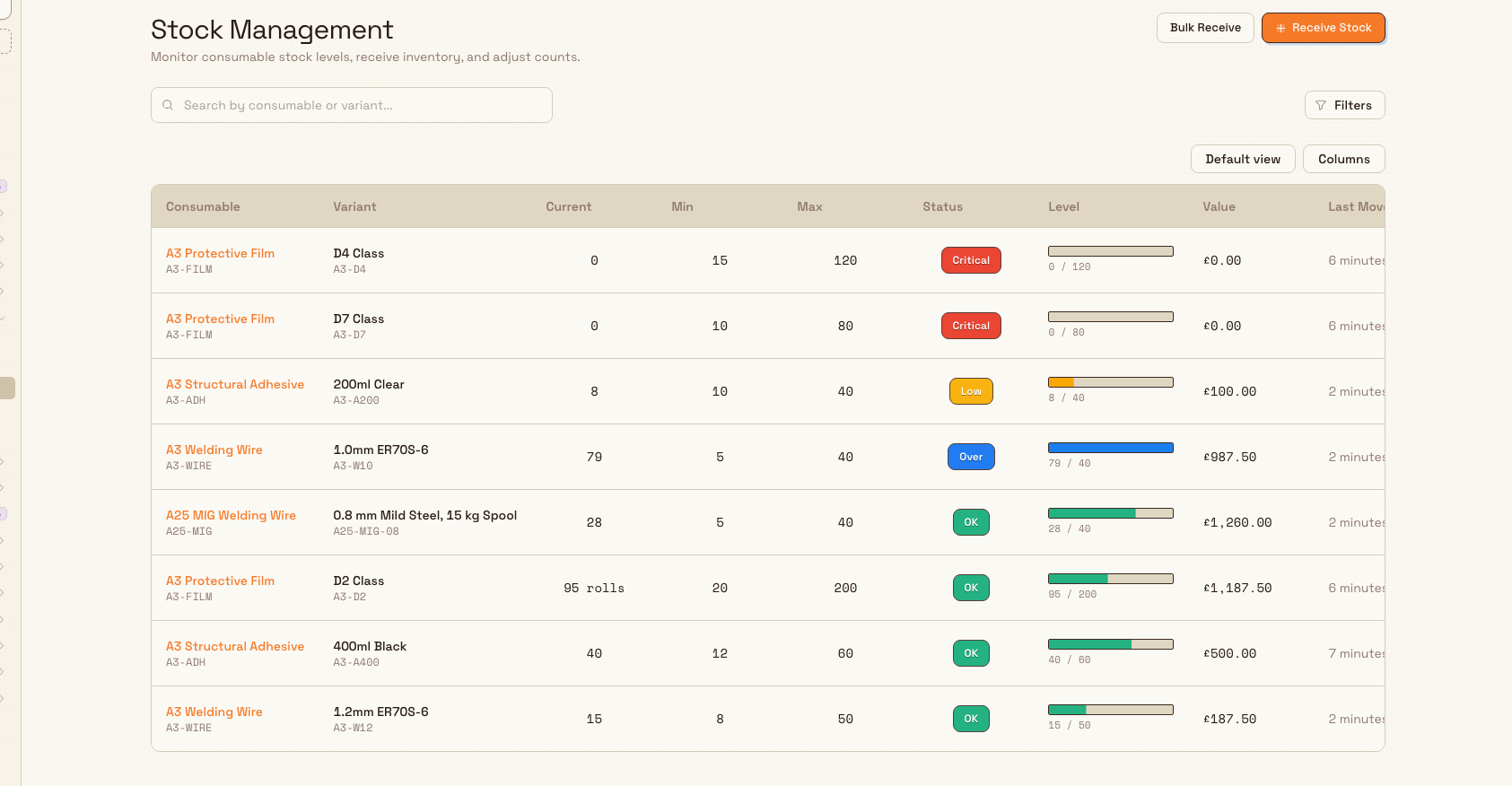 The Stock Management page listing tracked consumable variants with current quantities, status badges, and last-movement times.