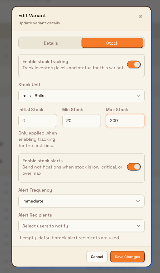 Variant dialog on the Stock tab with stock tracking enabled, stock unit rolls, minimum stock 20, and maximum stock 200 entered.