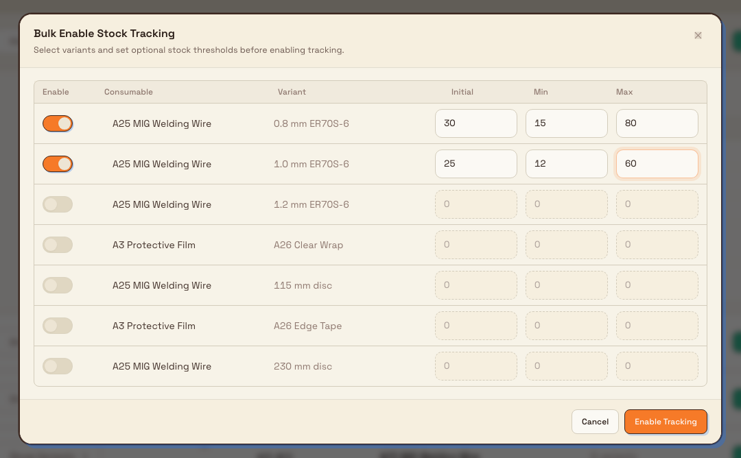 Bulk Enable Stock Tracking dialog listing untracked variants with Enable switches and editable Initial, Min, and Max columns.