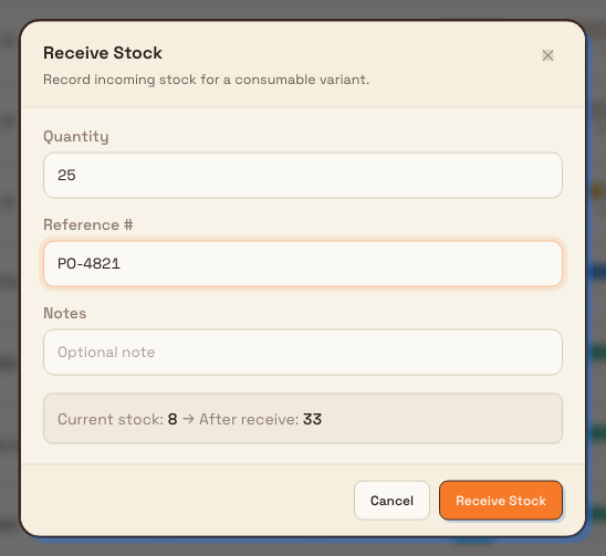 The Receive Stock dialog with a quantity and reference filled in and a preview showing current stock increasing to the projected balance after receiving.