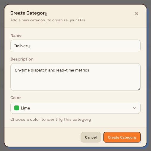The Create Category dialog with the name Delivery, a description about on-time dispatch, and a chosen color, ready to save.
