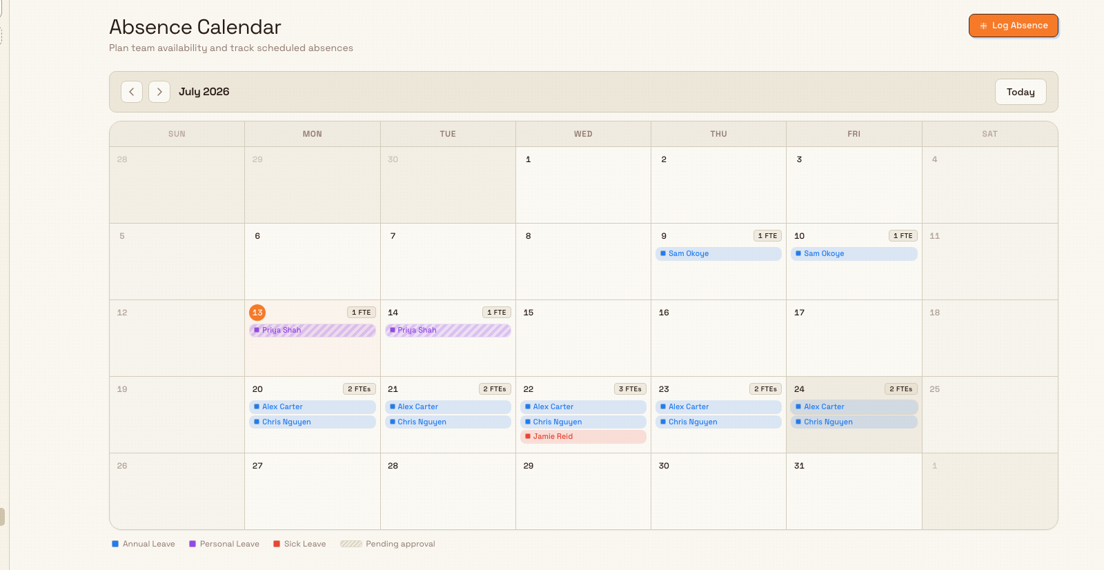 Monthly absence calendar showing coloured absence pills on several days, a count badge on busy days, and a legend of absence types below the grid.