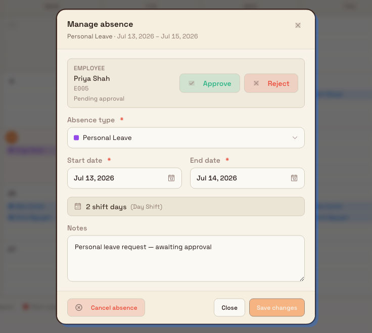 Manage absence dialog for a pending request, with Approve and Reject buttons beside the employee details and editable absence fields below.
