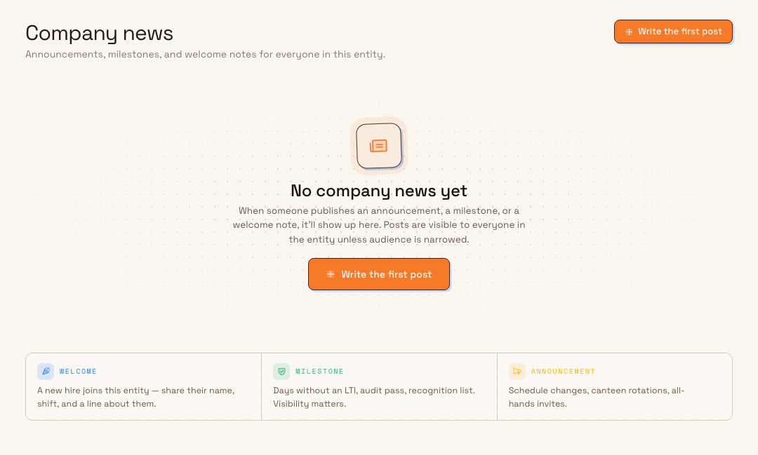 The Company news page showing the No company news yet empty state and Write the first post buttons.