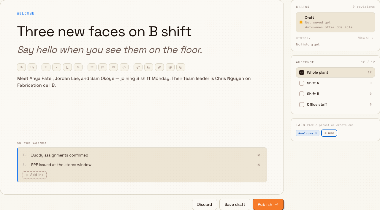 A filled company news composer with the editor sheet on the left and Status, Audience, and Tags cards on the right.