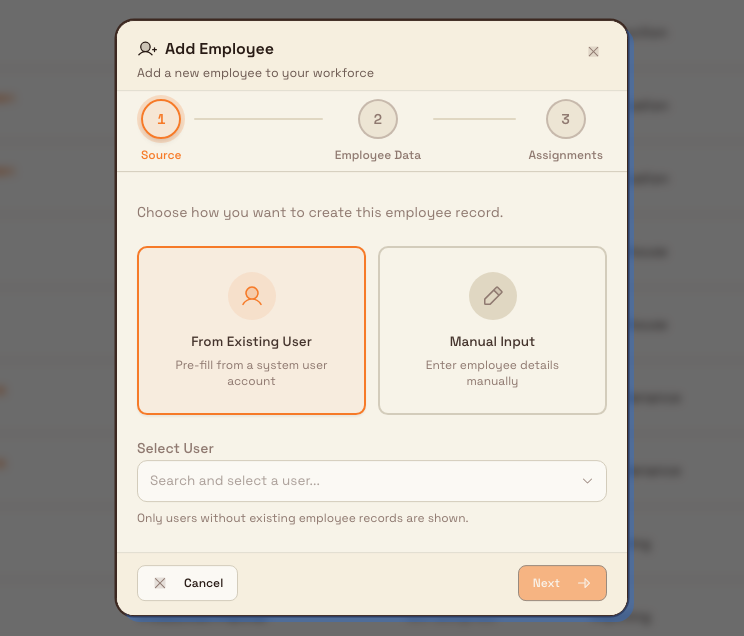 The Add Employee dialog on step one, showing 'From Existing User' and 'Manual Input' source cards with the first selected, and a 'Select User' search box below.