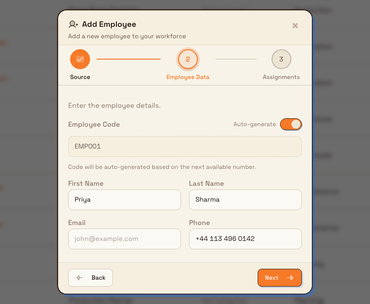 Step two of the wizard showing an auto-generated employee code, an Auto-generate toggle, and first name, last name, email, and phone fields.