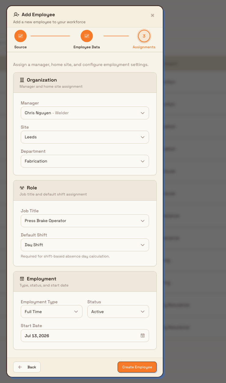 Step three of the wizard showing Organization, Role, and Employment cards with a home site, manager, job title, employment type, status, and start date, and a Create Employee button.
