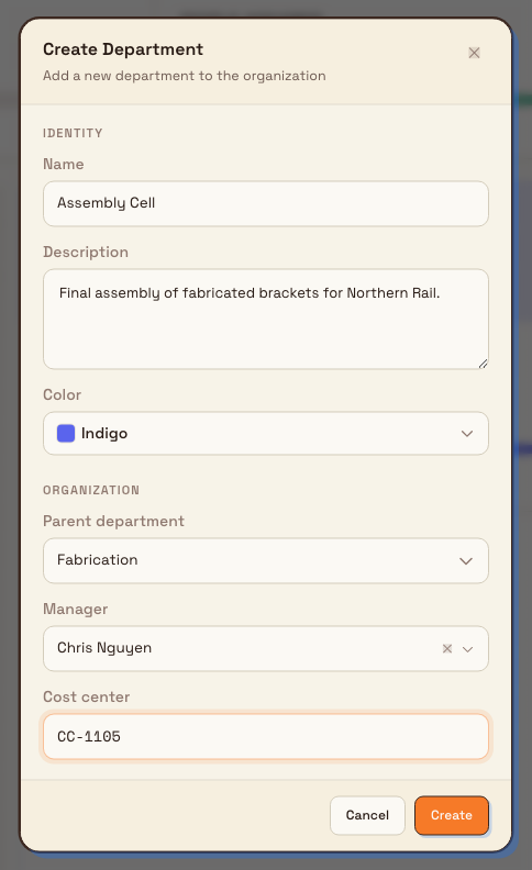Create Department dialog with Identity and Organization sections and a Create button.