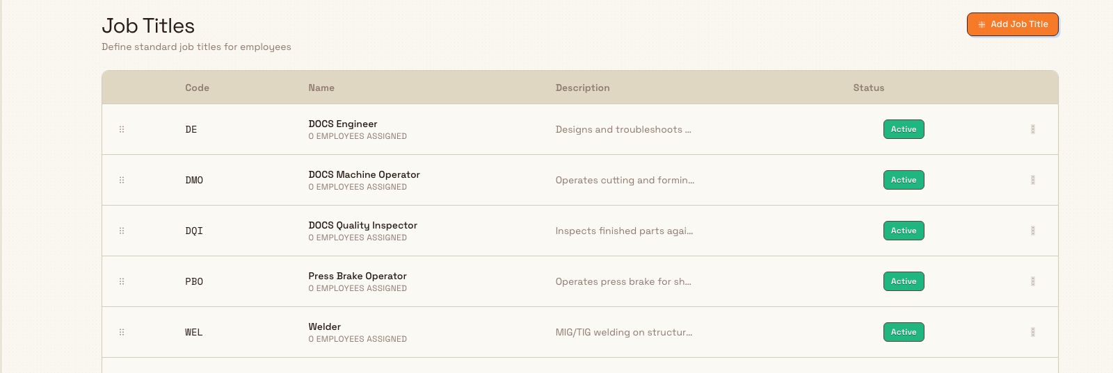 The Job Titles settings page showing a table of job titles with code, name, employee counts, descriptions, and Active status badges, and an Add Job Title button.
