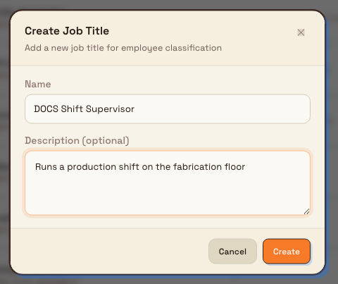 The Create Job Title dialog with a name and description filled in and Cancel and Create buttons.
