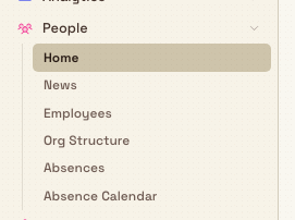 Sidebar People module expanded showing Home, News, Employees, Org Structure, Absences, and Absence Calendar.