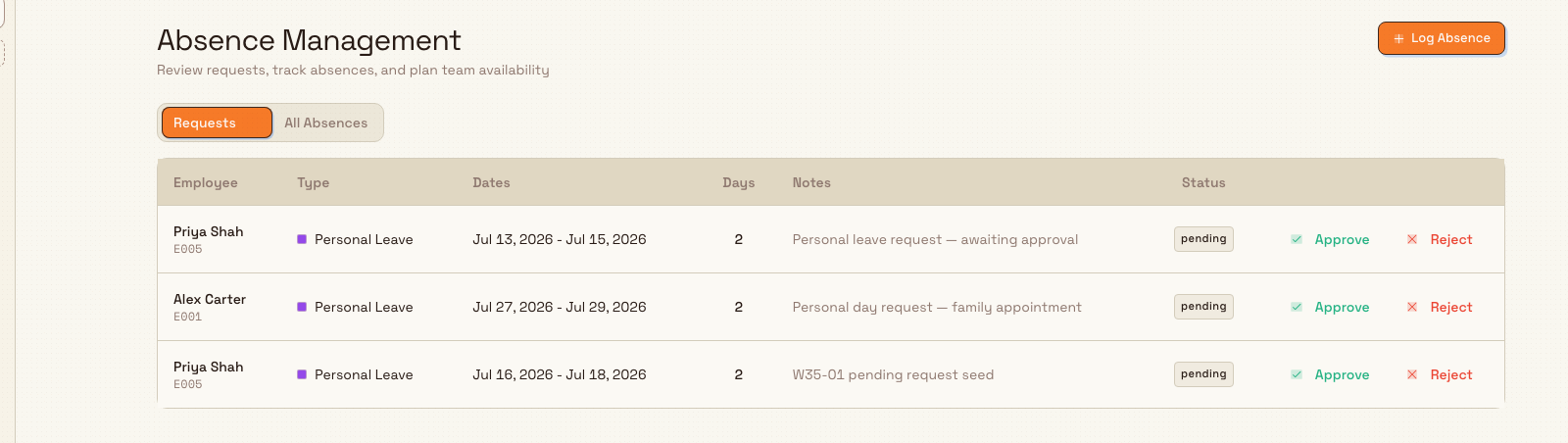 The Absence Management page with the Log Absence button highlighted in the top-right corner.