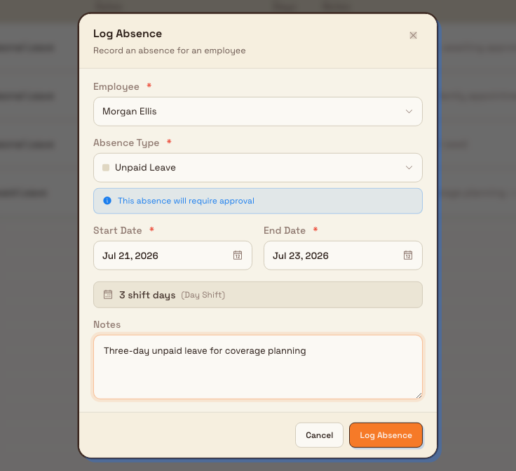 The Log Absence dialog with employee, absence type, dates, and a shift-day count filled in.