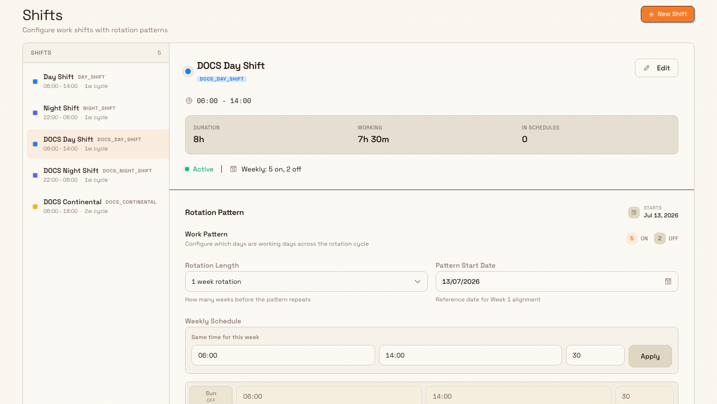 The Shifts settings page showing a list of shifts on the left and the selected shift's pattern details on the right.